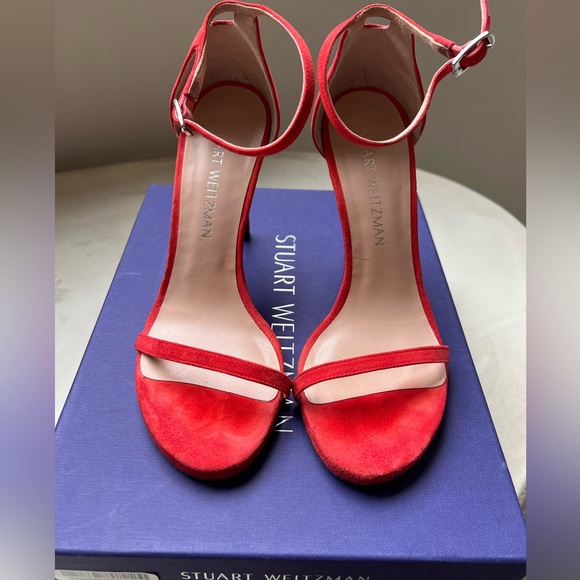 Stuart Weitzman Nudistsong Pimento Suede Strappy Stilettos Size 7 Woman’s - Picture 1 of 9